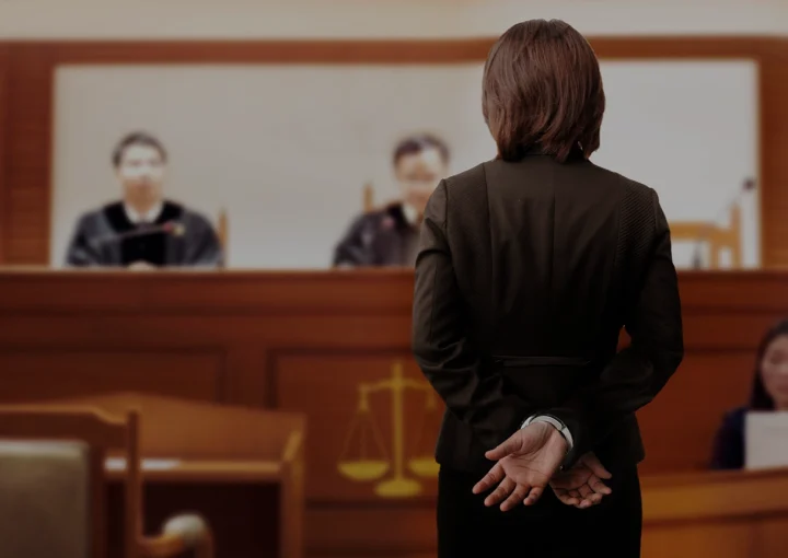 handcuffed on guilty hand in the trial court in front of the judge for law and adjustment concept