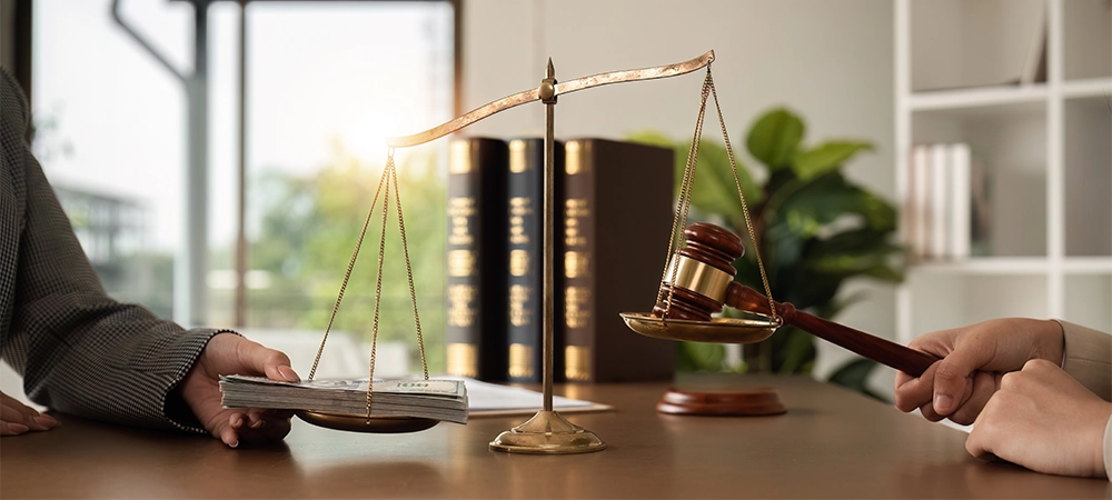 dollar and judge hammer on the scale, payment of fines and penalties Damage compensation award