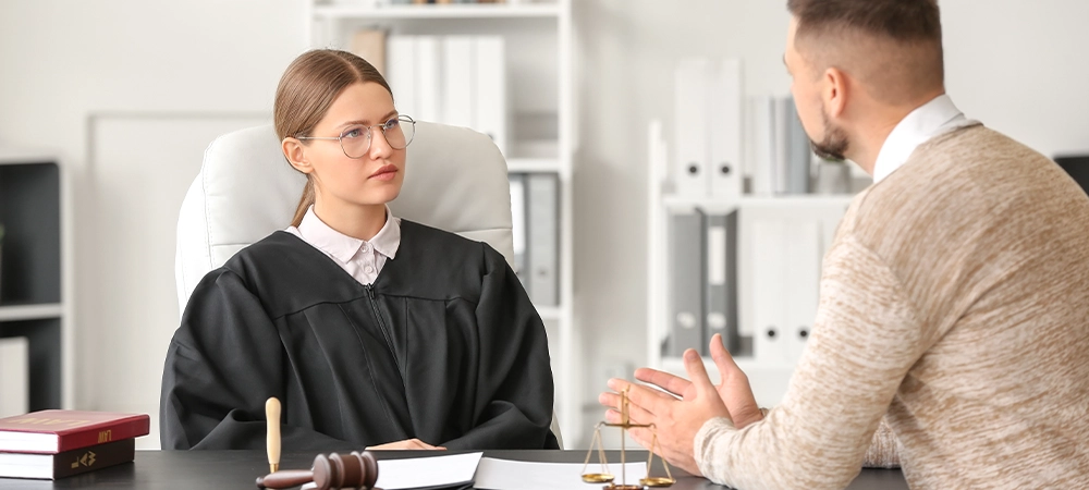 female judge working with client, get a peace bond concept