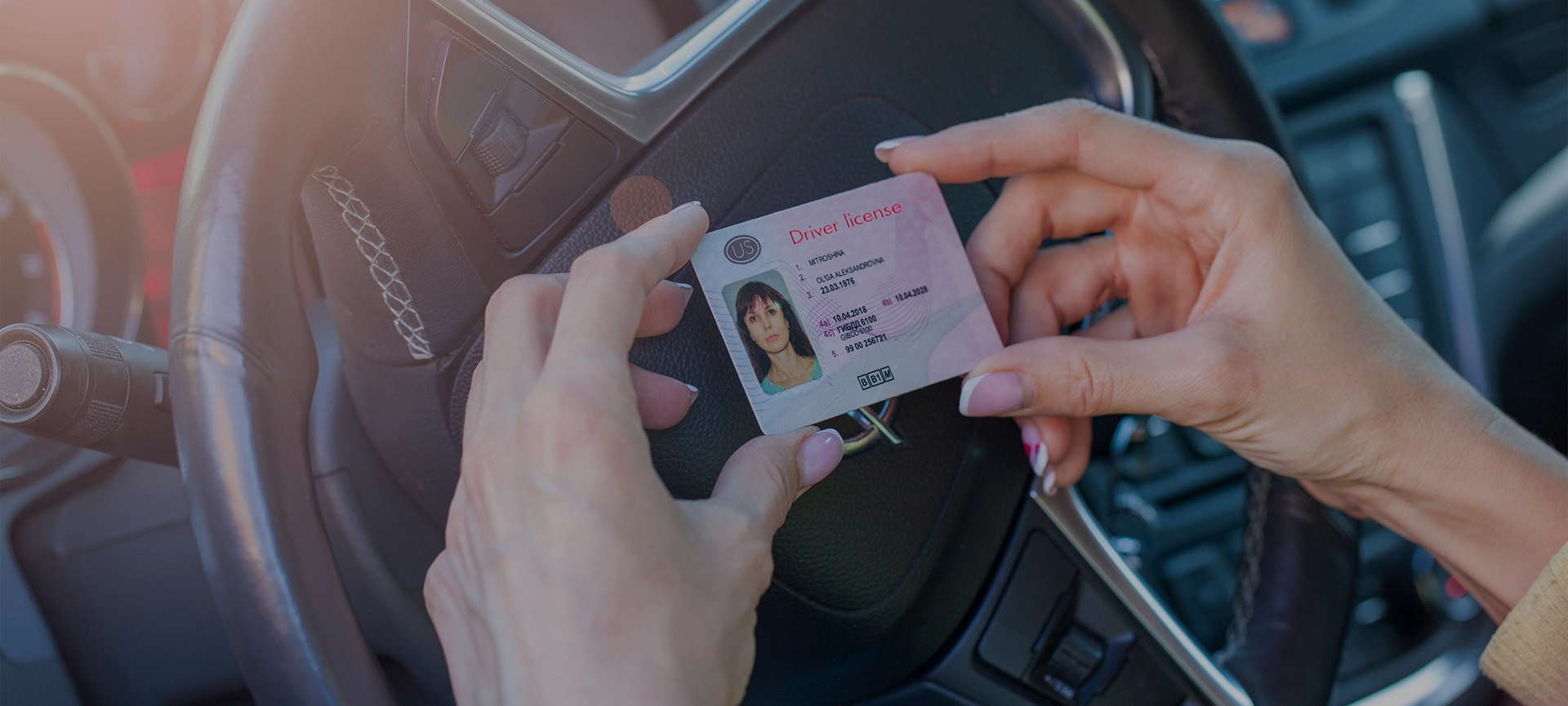 getting a driver license, female hands show US driving license, amid the steering wheel of a car