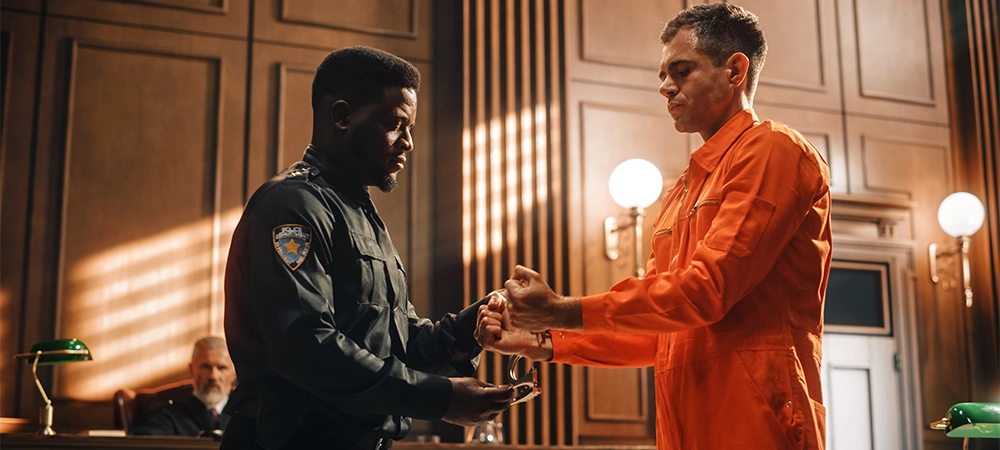 sad accused male criminal in orange jumpsuit handcuffed and led away by security guard in front of judge and jury, sentenced to serve jail time
