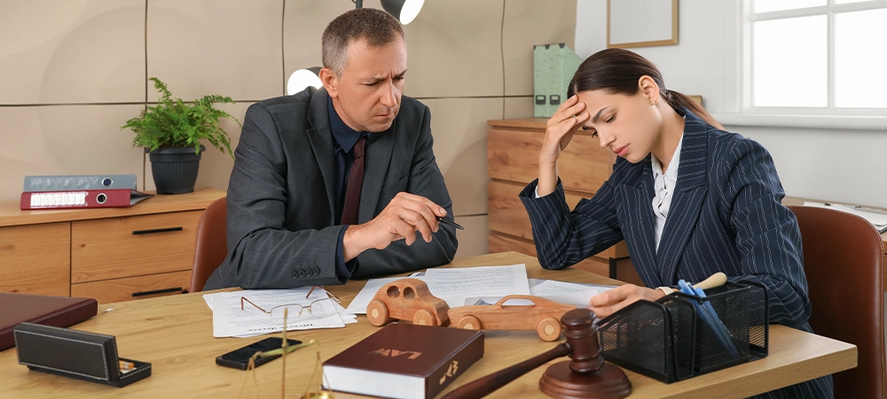 tired client and lawyer holding meeting at table about peace bond