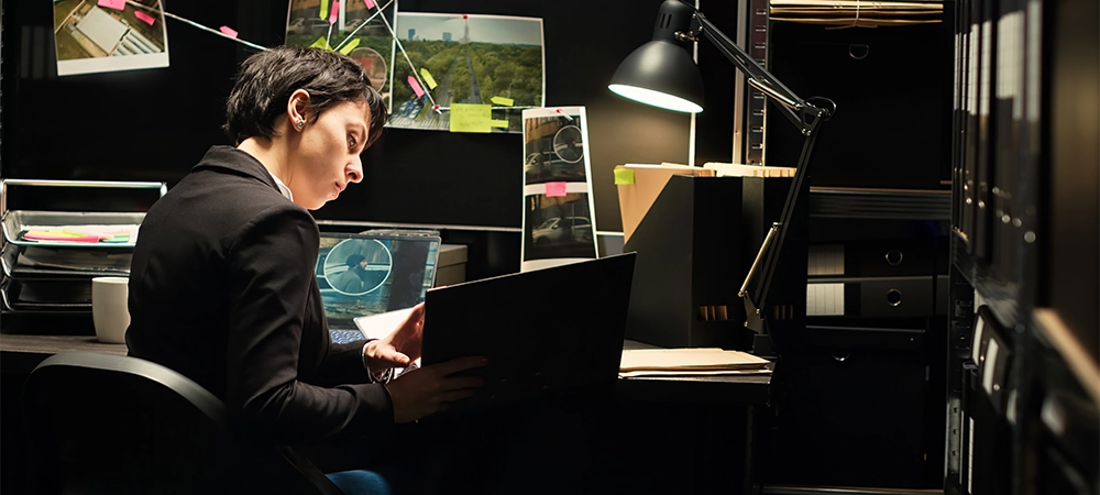 Detective gathering intelligence using surveillance photos and classified documents in criminal case file. Police expert conducting investigation to uncover new information, forensic science.