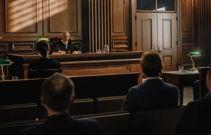 Court of Justice Trial: Impartial Judge is Sitting, Public Stands. Supreme Federal Court Judge Starts Civil Case Hearing. Sentencing Law Offender.