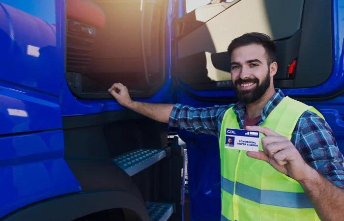 Truck driver candidate showing CDL driving license for transportation vehicles. Successfully passed training driving exam.