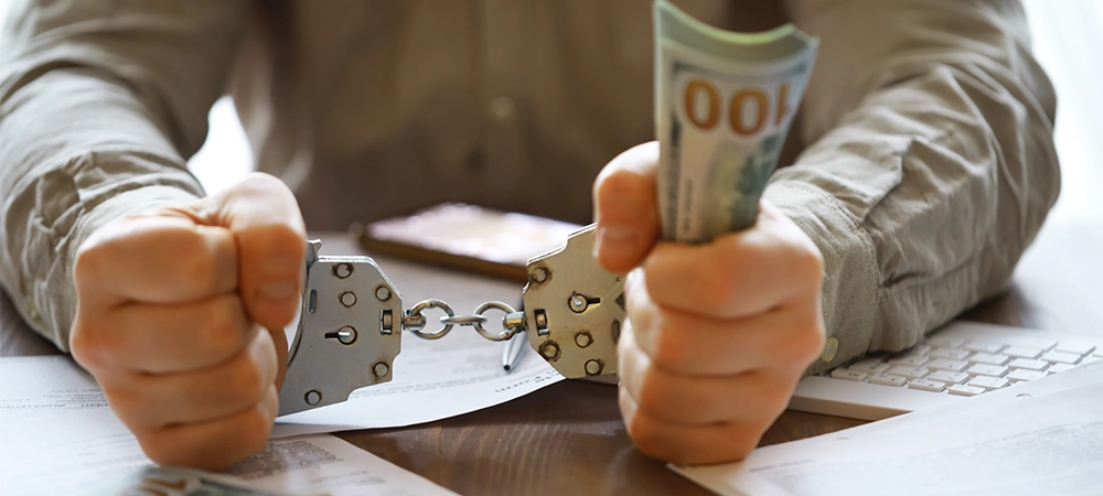 Hands of a fraudster with handcuffs on a background of us dollars and credit cards. Fraud, cyber crime concept. credit card fraud. Arrest of an entrepreneur in the workplace.