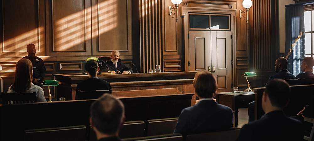 Court of Justice Trial: Impartial Judge is Sitting, Public Stands. Supreme Federal Court Judge Starts Civil Case Hearing. Sentencing Law Offender.